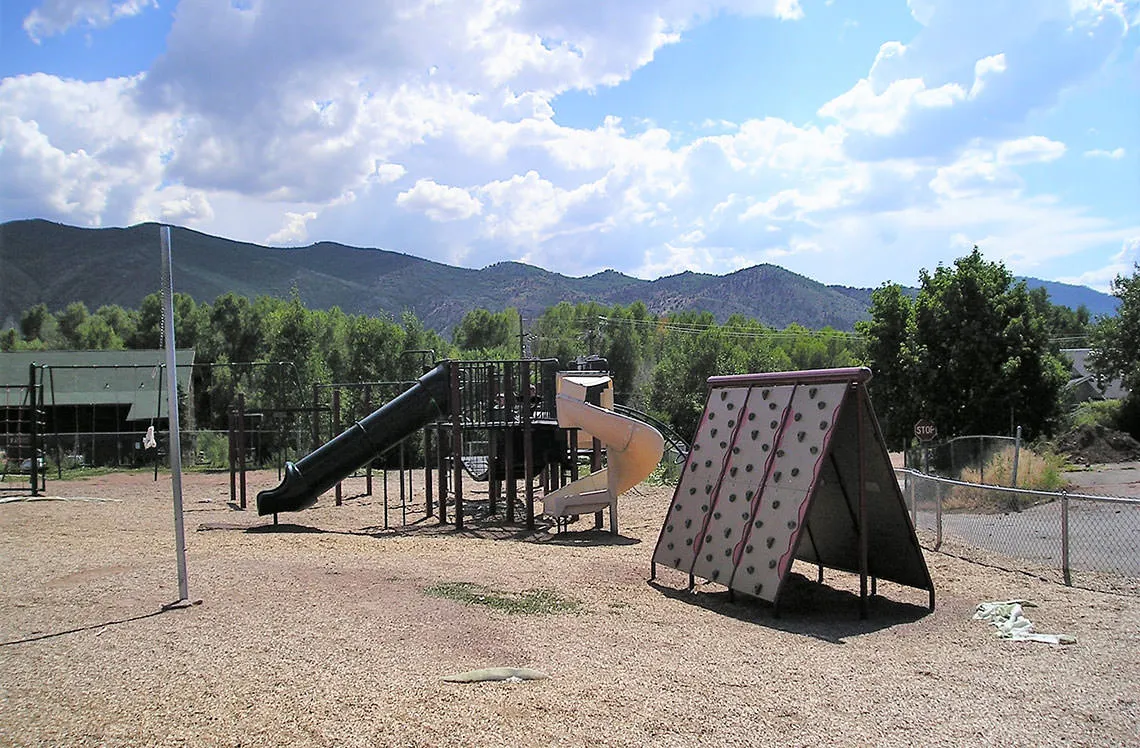 Kids climbing wall at Basalt School outdoor playground area in Basalt, CO